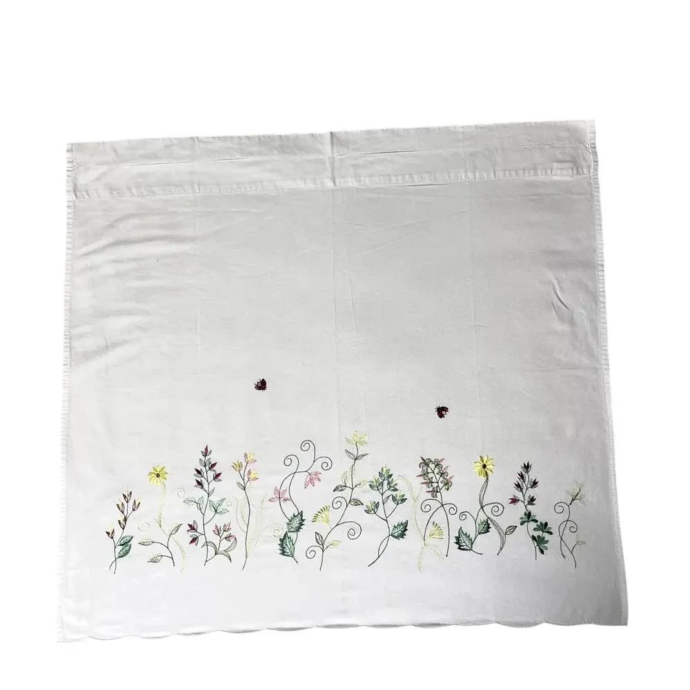 Pair of Embroidered Floral Cafe Curtains White Cotton Ladybug French Country